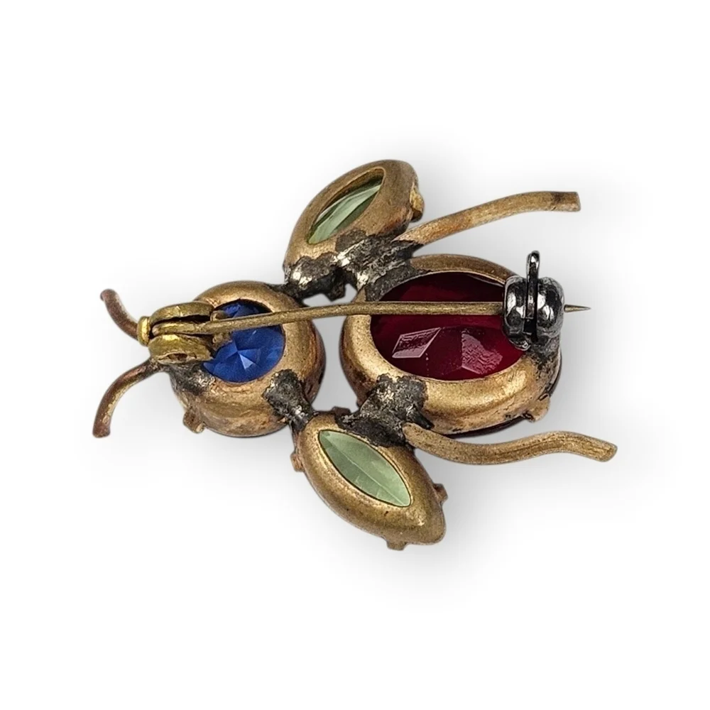 Vintage Bug Brooch Jewel Tone Glass Rhinestone Colorful Bee Fly Insect Brass